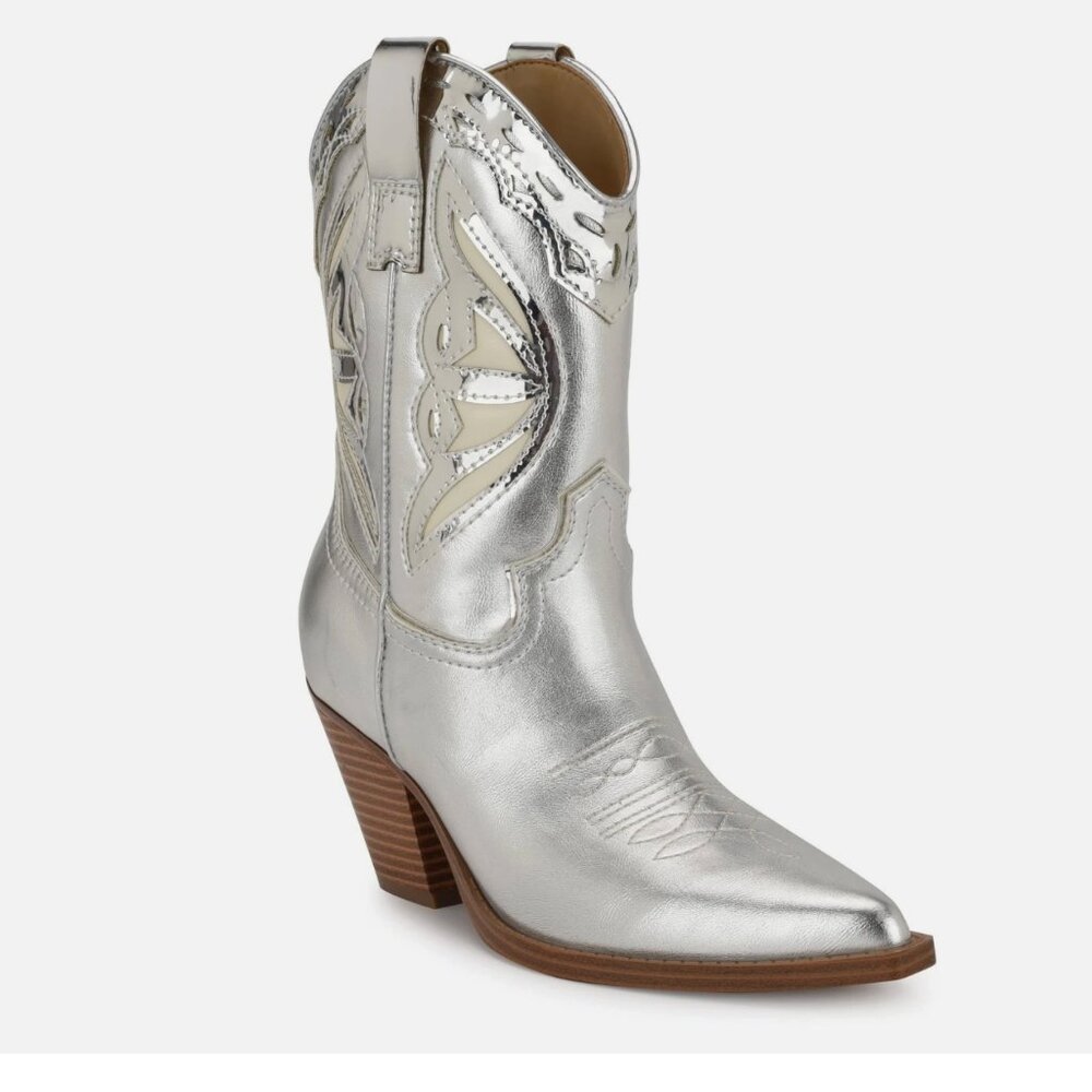 NEW NINE WEST $159 Puzz Western Booties Silver Metallic